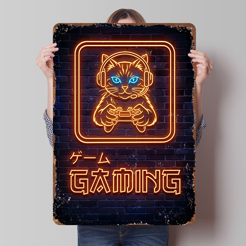 Retro Gaming At Home - Neon Oyun Kedisi Baskılı Poster Özelleştirilmiş