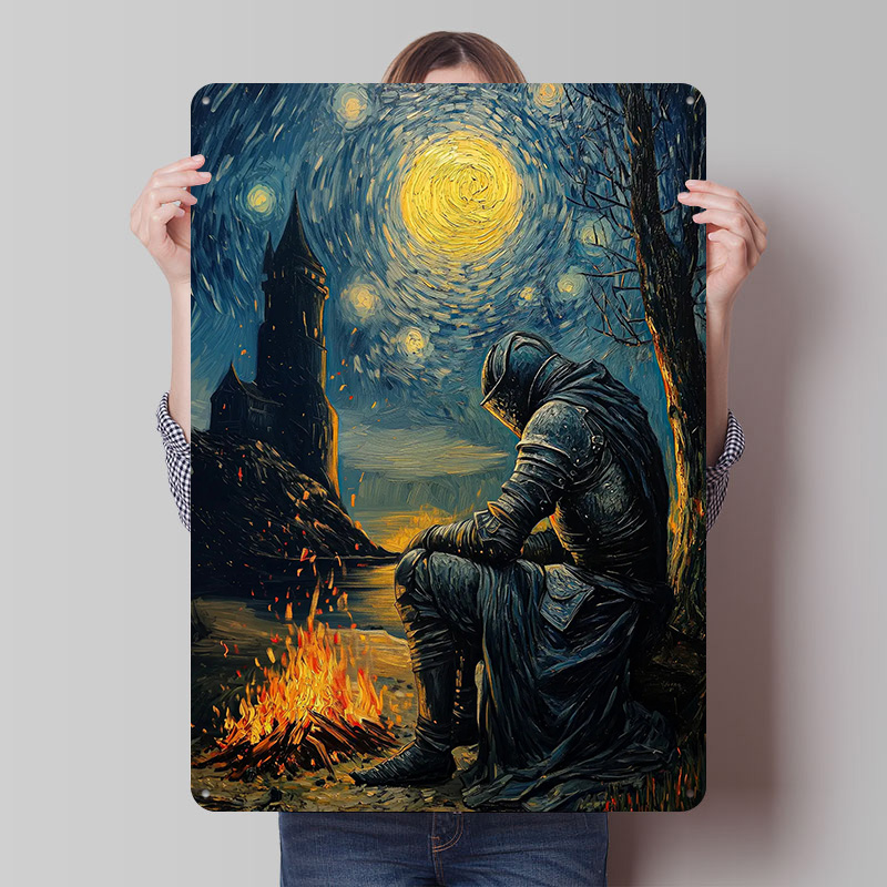 Retro Knight Gaming - Knight By The Bonfire Teneke Plakası
